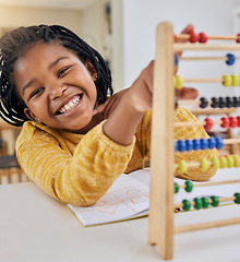 Image showing Abacus, kid learning and portrait of a girl in a house with study paper and math homework. Happiness, school work and young child with a smile from knowledge development and numbers at a house desk