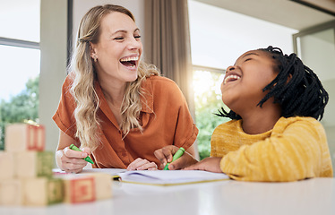 Image showing Laugh, child development and interracial family in a home learning in a living room with drawing. Parent love, funny joke and mother care with girl together in a house with study game and toys