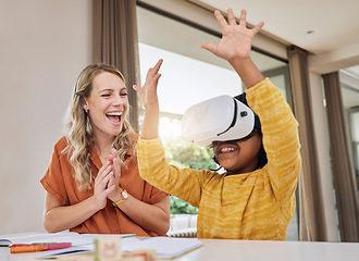 Image showing Mother, virtual glasses and black girl, learning and homework for education, futuristic and growth. Vr, future and mama with daughter, kid and homework for child development, technology and