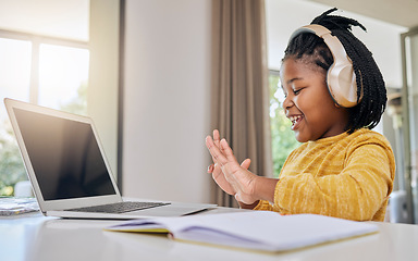 Image showing Digital, child education and computer of a kid learning knowledge development at home. Happy, headphones and young person counting numbers with hands in a house for school elearning with happiness