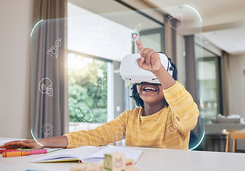 Image showing African girl child, vr learning and home with 3d overlay, hand and futuristic ux for homework, study and happy. Young female, school student and ar ui for education, development and smile at table