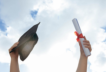 Image showing University, graduation and hands in sky with certificate to celebrate success in college education. Learning, knowledge and winning future, celebration of studying achievement and graduate class win