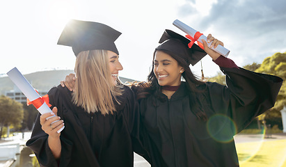 Image showing Student, friends and graduation certificate hug of graduate students together at celebration. Diploma success, happiness and excited women with school, education and university achievement outdoor