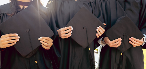 Image showing University student group, hands and holding graduation cap together in queue, cropped and success for study goal. Friends, students and graduate celebration for education, learning and future career