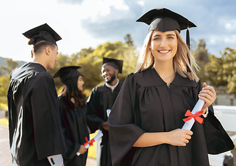 Image showing Woman, student and portrait smile for graduation, ceremony or achievement in higher education. Happy female academic learner holding certificate, qualification or degree for university scholarship