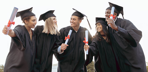 Image showing Education, university and students in celebration for graduation, success and achievement in college. School, future goals and excited group of friends with certificate, diploma and academic degree