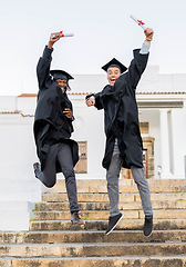 Image showing Graduation celebration, friends portrait and certificate of students on university steps jumping. Wow, diversity and motivation of college graduate at student building happy about school achievement