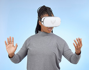 Image showing Vr, gaming and wow with black woman and metaverse for future, cyber and 3d system. Media, ui and web technology with girl gamer and headset for internet, augmented reality and data analytics graphics