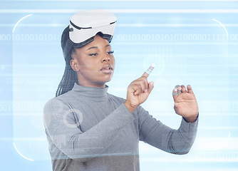 Image showing Vr, augmented reality and digital with black woman and 3d hologram for future, cyber and metaverse. Media, ui and technology with girl and headset for ux interface, innovation and data graphics