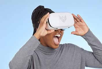 Image showing Vr, gaming and wow with black woman and metaverse for future, cyber and 3d system. Media, ui and web technology with girl gamer and headset for internet, augmented reality and data analytics graphics