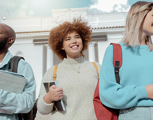 Image showing Campus, university and black people or student walking outdoor, happy for education, knowledge and college. Young gen z friends, woman or person with vision for school, scholarship and philosophy