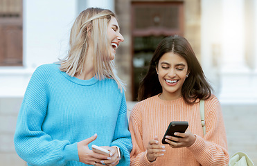 Image showing Friends, women laugh at meme on smartphone, social media and students on campus, outdoor and comedy online. Connection, funny post and 5g network, communication and technology with Gen z youth