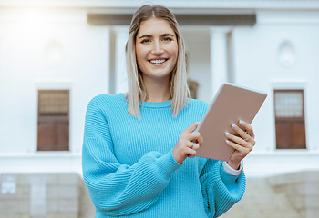 Image showing Woman student, tablet and portrait of a young person by education, learning and university building. Online, happy and college app of a female with a smile ready for school with blurred background