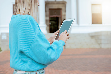 Image showing Tablet, screen and woman hands or student for university course, online education and elearning website. Digital, 5g technology and gen z person typing email for college application or scholarship