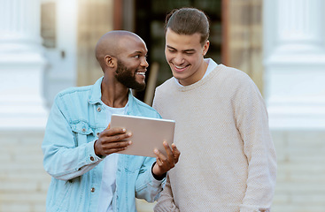 Image showing Tablet, university and students with study teamwork, planning and talking of online education or course website. Happy black man, people or friends on college campus, studying with digital technology