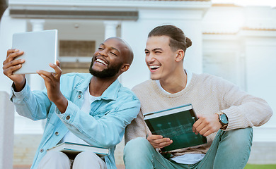 Image showing Students, men and tablet for selfie, outdoor and happiness with higher education, share photos and relax. Males, guys and academics on break, knowledge and college campus with device and technology