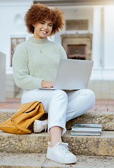 Image showing Laptop, university and portrait of a woman in the city sitting on the stairs studying for test or exam. Education, happy and female college student from Brazil working on academic project on computer