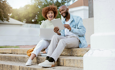 Image showing Friends, technology and online comedy on tablet and laptop, social media and communication with young people outdoor. Black man, woman and internet with 5g network, funny video or meme with streaming