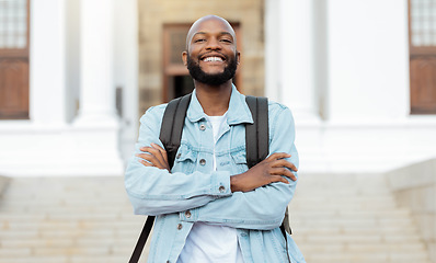 Image showing Portrait, education and proud man, university and student at campus for learning, future and goals. Face, learner and college, scholarship and young guy smile, study and knowledge, academic and goals