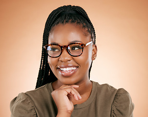 Image showing Black woman, glasses and happy person in a studio with eyecare, beauty and smile. Brown background, isolated and gen z student with happiness feeling relax about youth thinking with hipster fashion