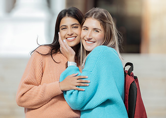 Image showing Girl friends, students and portrait of women together on campus with smile, diversity and hope for future. Friendship, university and happy college people hug outside, gen z woman and friend embrace.