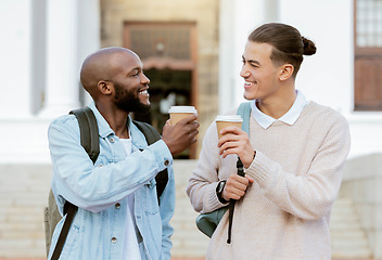 Image showing Coffee break, students together or university friends with education goals, teamwork cheers and studying success. Diversity, black man or people on campus stairs with drink for energy and knowledge