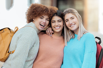 Image showing School, portrait and university woman friends with education, study or campus community love, happy and support. Diversity, excited and young gen z group of people smile on face for college lifestyle