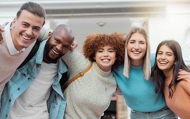 Image showing Student, friends and hug portrait of people with diversity, happiness and university support. Students community, smile and happy college group outdoor ready for learning and teamwork with motivation