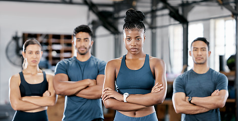 Image showing Fitness, diversity and portrait of people in gym for teamwork, support and workout. Motivation, coaching and health with friends training in sports center for cardio, endurance and. challenge