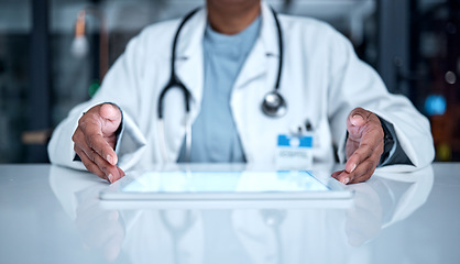 Image showing Healthcare, tablet and hands of senior doctor for medical report, planning and research in hospital. Technology, hospital and black woman with digital tech for telehealth, insurance and consultation