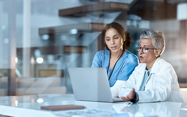 Image showing Team of doctors, healthcare and women with laptop, working together and digital hospital schedule or agenda. Technology, medical innovation and collaboration, partnership and cardiovascular surgeon