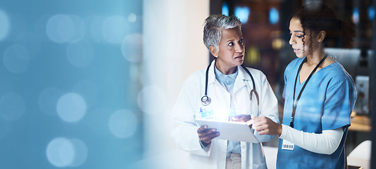 Image showing Women, doctors and tablet with bokeh copy space, mockup or mock up for night medical research, planning or teamwork. Thinking healthcare worker, nurse or hospital collaboration on wellness technology