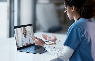 Image showing Video call, laptop and doctor consulting online, virtual healthcare or telehealth service for advice, help and support. Computer screen, medical professional, nurse talking to patient or black people