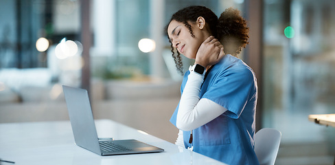 Image showing Healthcare, black woman and doctor with neck pain, burnout or overworked in hospital, laptop or muscle strain. Medical professional, African American female or lady with tension, stress or frustrated