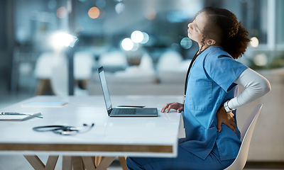 Image showing Laptop, back pain and doctor in her office at the hospital working on a diagnosis or cure. Computer, healthcare and female medical worker with a muscle sprain, ache or inflammation at medicare clinic