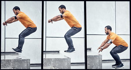 Image showing Fitness, jumping and collage with a sports black man outdoor in the city for a workout to get strong. Exercise, jump and series with a male athlete training outside in an urban town for health