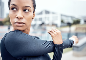 Image showing Fitness, stretching arms and black woman in city with motivation, focus and commitment for workout. Sports, body performance and face of girl warm up ready for exercise, running and marathon training