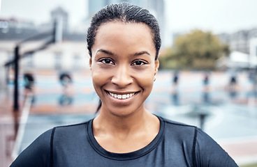 Image showing Portrait, happy and fitness with a sports black woman outdoor for a running, cardio or endurance workout. Face, smile and exercise with a female athlete training outside for health or vitality