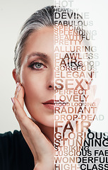 Image showing Senior woman, elegant and portrait in text, collage or letters of empowerment or message isolated on a background. Elderly female with words overlay on face for beauty reminder, self worth or love