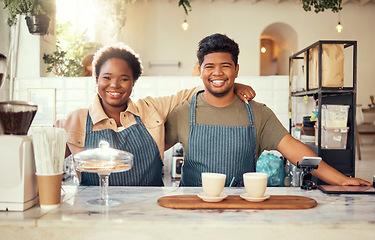 Image showing Portrait, partnership and small business owners happy at coffee shop or cafe in support together. Team, collaboration and friends smiling due to startup growth and proud of success or vision