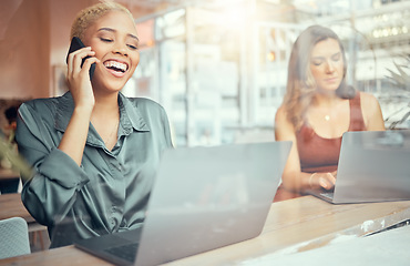 Image showing Phone call, laptop and business black woman in cafe smile for social networking, planning and b2b conversation. Communication, technology and female worker with computer for project, report and email