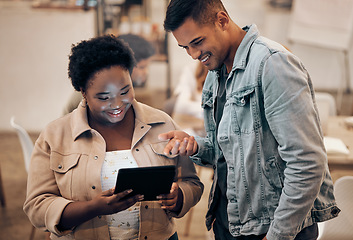 Image showing Business, man and black woman with tablet, social media and connection for website, conversation and modern office. Company, African American female and Latino male online reading or digital planning