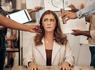 Image showing Stress, management and multitask woman manager with anxiety, burnout and focus problem working in office. Tablet, phone call and documents chaos of corporate team, boss or executive and people hands