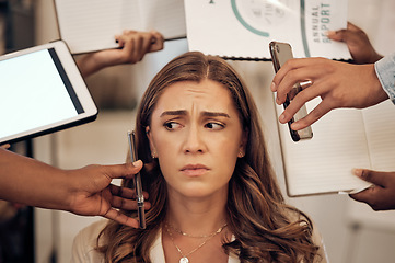 Image showing Business, woman and stress with multitasking, burnout and overworked with deadlines, schedule and confused. Female employee, consultant and leader with documents, smartphone and anxiety in workplace