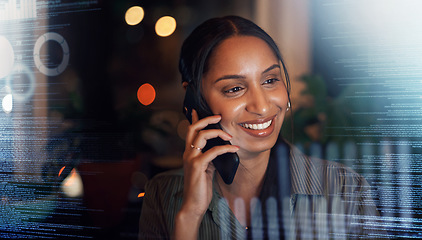 Image showing Digital, overlay or black woman with phone call for communication, networking or contact us at night. Stock market, happy or trading girl for financial invest data growth planning or double exposure