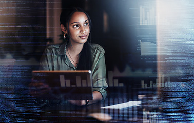 Image showing Overlay, finance and woman thinking with a laptop at night for ideas, planning and business trading. Strategy, digital and employee working overtime for a financial analysis deadline on a computer