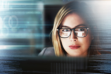 Image showing Hologram, crypto overlay and futuristic data with a business woman thinking about 3d networking code. Computer research, future finance idea and stock market employee reading financial investment