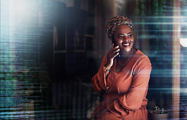 Image showing Digital overlay, futuristic or black woman on phone call for communication, networking or contact us at night. Stock market, happy or trading girl with smile for financial investment growth planning