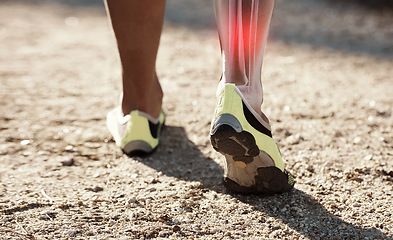 Image showing Legs, x ray and pain or injury of hiking fitness athlete training, exercise or workout outdoors and hurt. Closeup, discomfort and red bone for first aid emergency during walk on legs or anatomy