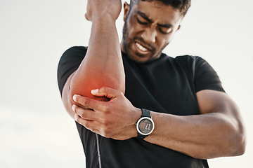 Image showing Elbow injury, fitness and man with pain while training, sports emergency and accident during workout. Cramp, inflammation and athlete with broken bone, painful joint and bruise during outdoor cardio